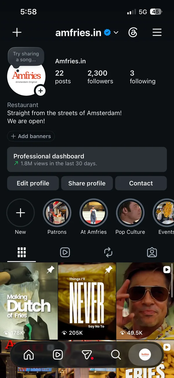 Amfries Instagram profile and dashboard
