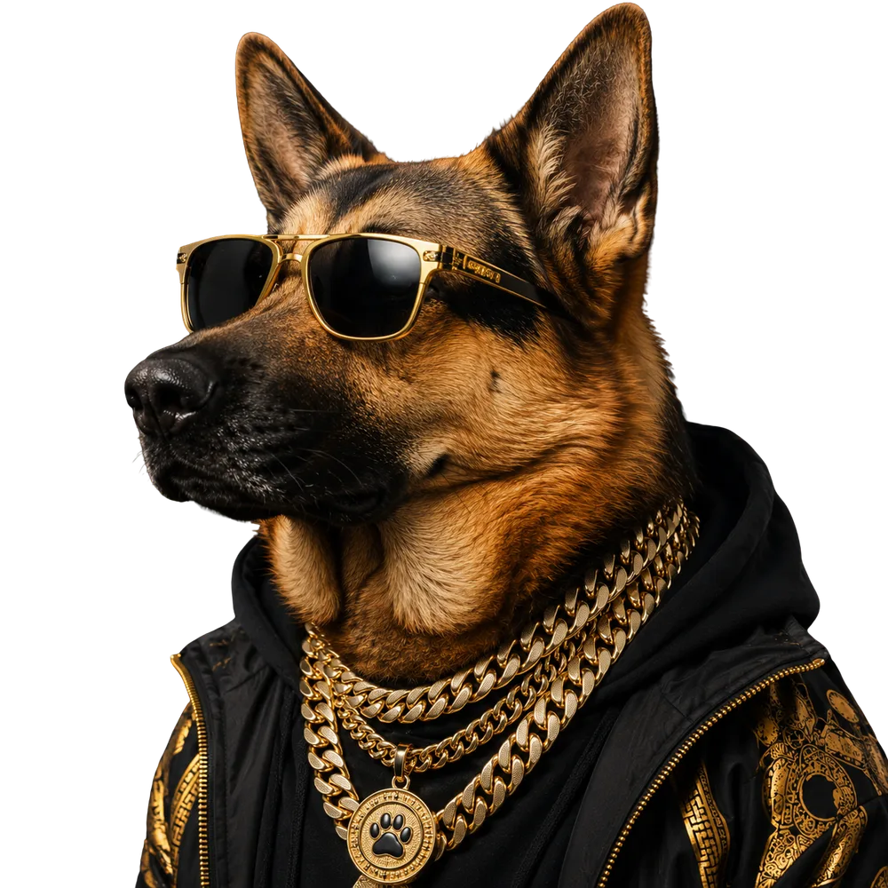 The Natural Square mascot: a German Shepherd in gold sunglasses, chains and a black hoodie